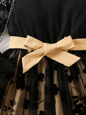 Girls Elegant Floral Lace Long Sleeve Dress With Satin Bow Belt, Fashionable For Autumn/Winter