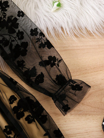 Girls Elegant Floral Lace Long Sleeve Dress With Satin Bow Belt, Fashionable For Autumn/Winter