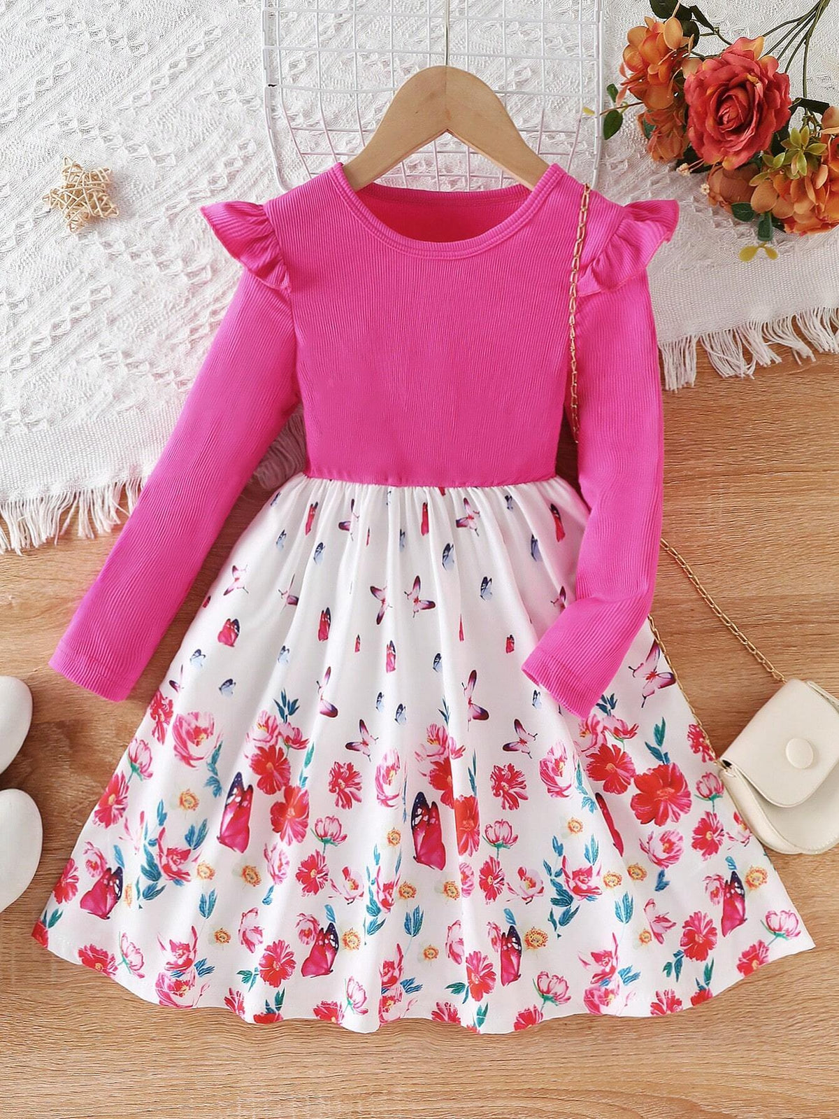 Girls Elegant Floral Print Long Sleeve Flare Dress A-Line Waist Dress For Fall