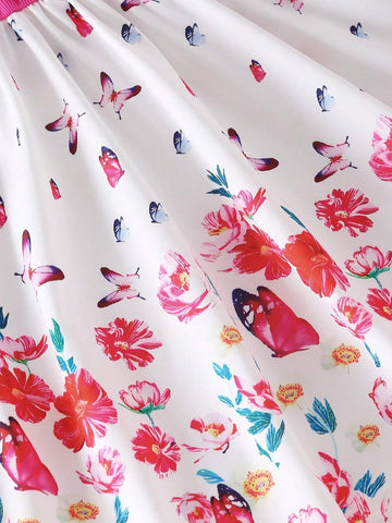 Girls Elegant Floral Print Long Sleeve Flare Dress A-Line Waist Dress For Fall
