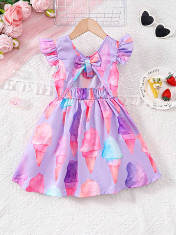 Girls Elegant Flying Sleeves Back Bow Ice Cream Print Dress Summer