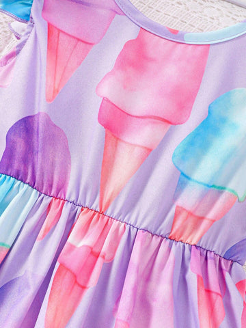Girls Elegant Flying Sleeves Back Bow Ice Cream Print Dress Summer