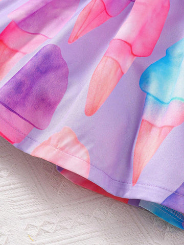 Girls Elegant Flying Sleeves Back Bow Ice Cream Print Dress Summer