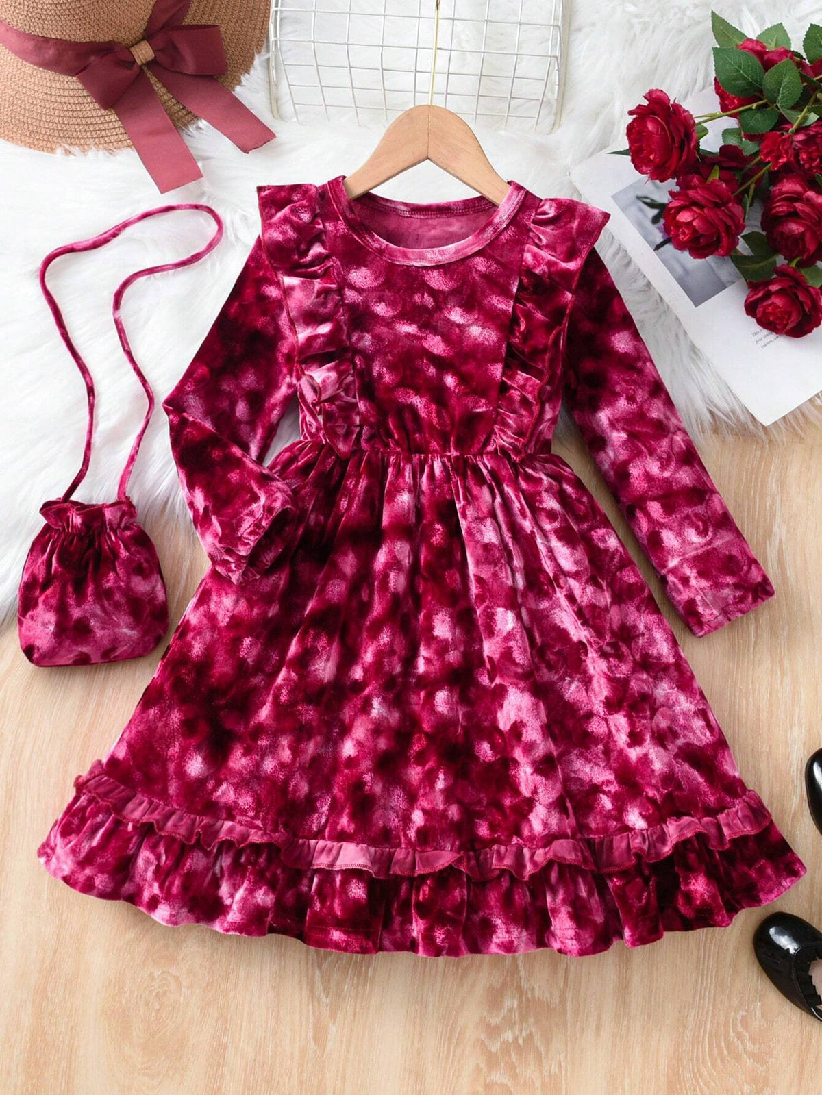 Girls Elegant Gentle Round Neck Long Sleeve Waist Ruffle Trim Solid Velvet Mid Dress, Cute Academic Festival, Winter