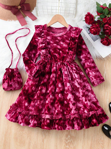 Girls Elegant Gentle Round Neck Long Sleeve Waist Ruffle Trim Solid Velvet Mid Dress, Cute Academic Festival, Winter