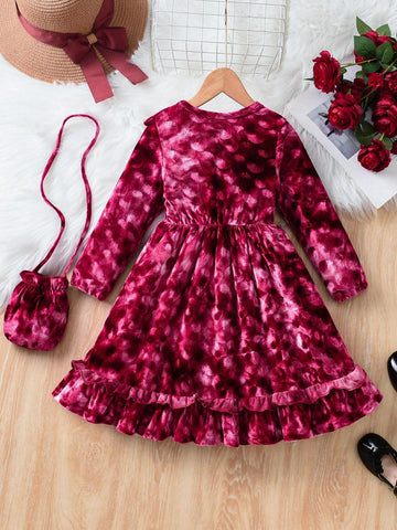 Girls Elegant Gentle Round Neck Long Sleeve Waist Ruffle Trim Solid Velvet Mid Dress, Cute Academic Festival, Winter