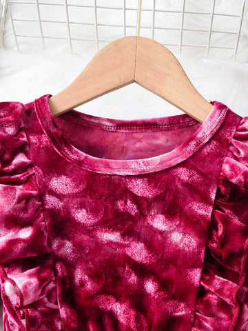 Girls Elegant Gentle Round Neck Long Sleeve Waist Ruffle Trim Solid Velvet Mid Dress, Cute Academic Festival, Winter