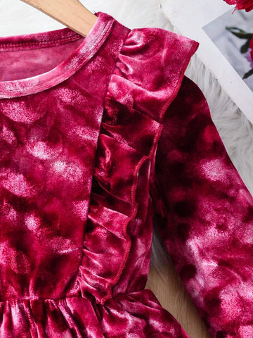 Girls Elegant Gentle Round Neck Long Sleeve Waist Ruffle Trim Solid Velvet Mid Dress, Cute Academic Festival, Winter