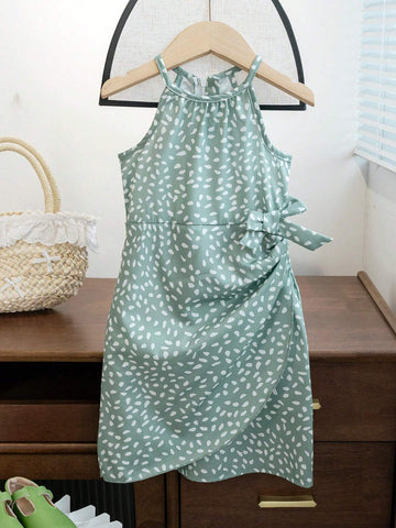 Girls' Elegant Halter Neck Sleeveless Irregular Hem Dress With Bowknot Waist And Slim Fit