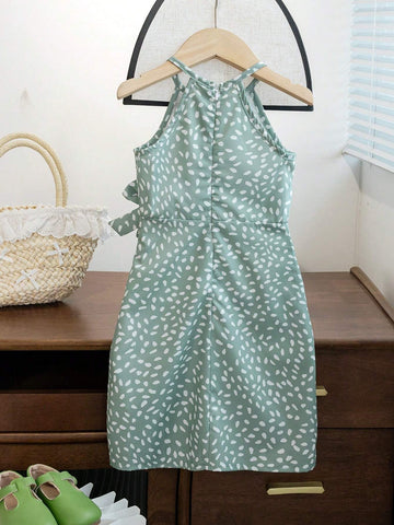 Girls' Elegant Halter Neck Sleeveless Irregular Hem Dress With Bowknot Waist And Slim Fit