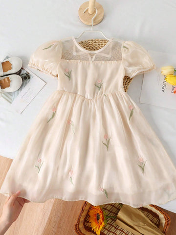 Girls' Elegant High-Neck Puff Sleeve Floral Embroidered Dress With High Waist