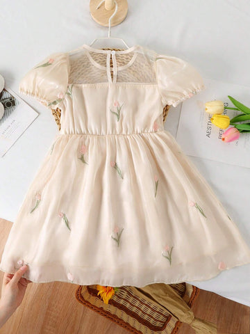 Girls' Elegant High-Neck Puff Sleeve Floral Embroidered Dress With High Waist