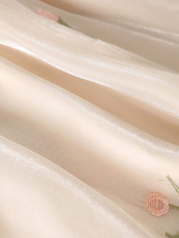 Girls' Elegant High-Neck Puff Sleeve Floral Embroidered Dress With High Waist