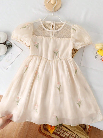 Girls' Elegant High-Neck Puff Sleeve Floral Embroidered Dress With High Waist