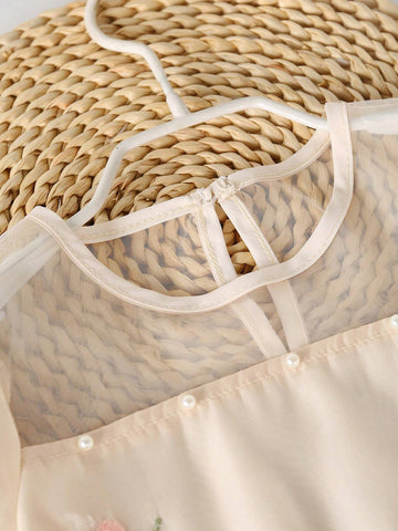 Girls' Elegant High-Neck Puff Sleeve Floral Embroidered Dress With High Waist