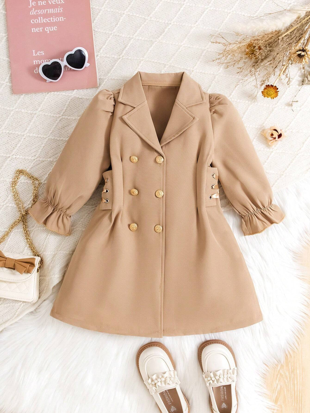 Girls Elegant Lady And Gentleman Dress With Lapel Neck, Double Breasted, Drawstring Waist And Puff Sleeves Design, Suitable For Daily Wear Or Friends Party