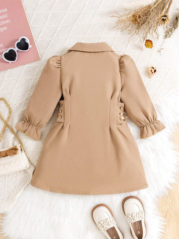 Girls Elegant Lady And Gentleman Dress With Lapel Neck, Double Breasted, Drawstring Waist And Puff Sleeves Design, Suitable For Daily Wear Or Friends Party