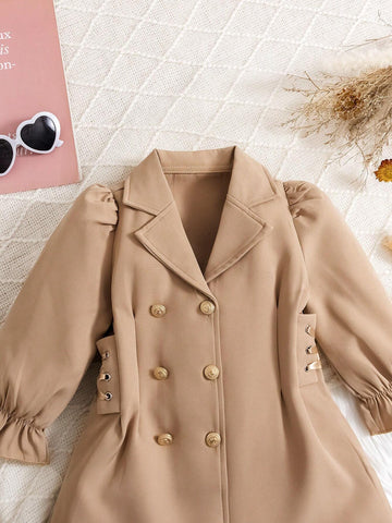 Girls Elegant Lady And Gentleman Dress With Lapel Neck, Double Breasted, Drawstring Waist And Puff Sleeves Design, Suitable For Daily Wear Or Friends Party