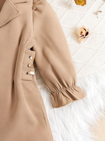 Girls Elegant Lady And Gentleman Dress With Lapel Neck, Double Breasted, Drawstring Waist And Puff Sleeves Design, Suitable For Daily Wear Or Friends Party