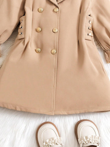 Girls Elegant Lady And Gentleman Dress With Lapel Neck, Double Breasted, Drawstring Waist And Puff Sleeves Design, Suitable For Daily Wear Or Friends Party