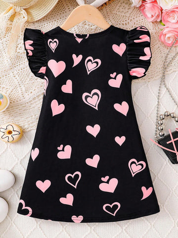 Girls Elegant Lady Style Summer Dress, Girls Cat & Heart Printed Ruffle Cap Sleeve Casual Mini Dress