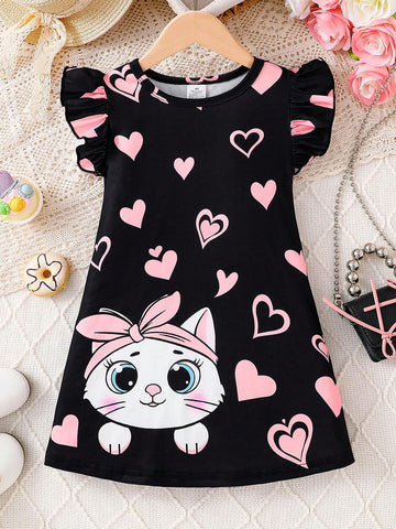 Girls Elegant Lady Style Summer Dress, Girls Cat & Heart Printed Ruffle Cap Sleeve Casual Mini Dress
