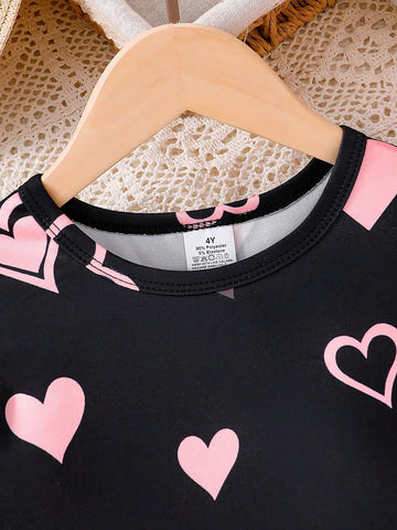Girls Elegant Lady Style Summer Dress, Girls Cat & Heart Printed Ruffle Cap Sleeve Casual Mini Dress