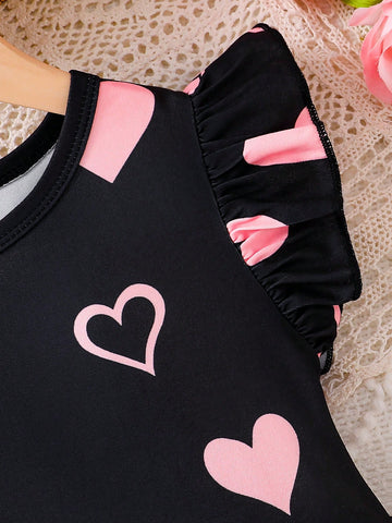 Girls Elegant Lady Style Summer Dress, Girls Cat & Heart Printed Ruffle Cap Sleeve Casual Mini Dress