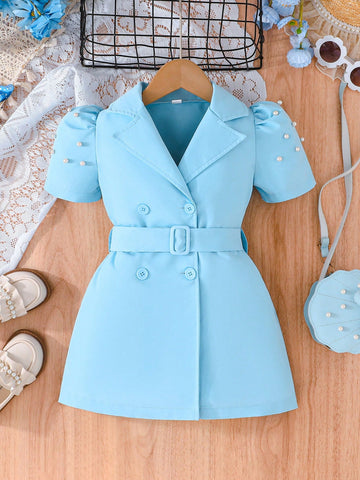 Girls Elegant Lapel Pearl Sleeve Formal Dress With Belt, Suitable For Formal Occasions