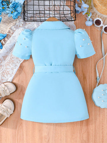 Girls Elegant Lapel Pearl Sleeve Formal Dress With Belt, Suitable For Formal Occasions