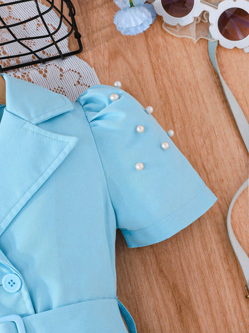 Girls Elegant Lapel Pearl Sleeve Formal Dress With Belt, Suitable For Formal Occasions