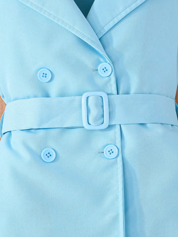 Girls Elegant Lapel Pearl Sleeve Formal Dress With Belt, Suitable For Formal Occasions