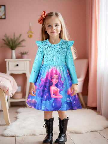 Girls Elegant Mermaid Print Round Neck Drop Shoulder Long Sleeve Cinched Waist A-Line Dress