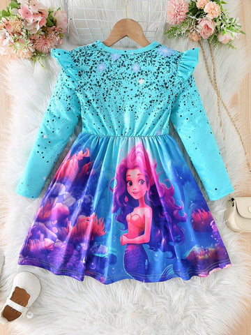 Girls Elegant Mermaid Print Round Neck Drop Shoulder Long Sleeve Cinched Waist A-Line Dress