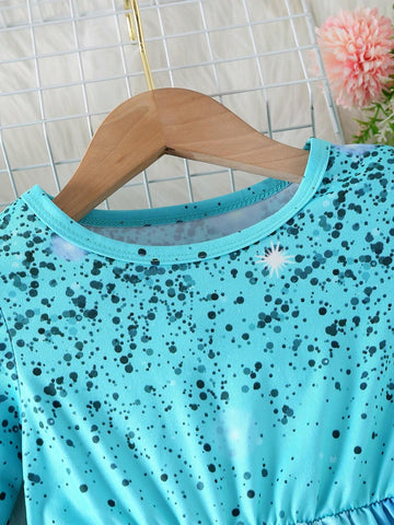 Girls Elegant Mermaid Print Round Neck Drop Shoulder Long Sleeve Cinched Waist A-Line Dress