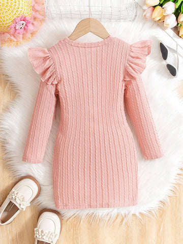 Girls Elegant Minimalist Solid Color Bow Ruffle Hem Dress. Solid Color Long Sleeve Dress, Sweet Ruffle Sleeve Design