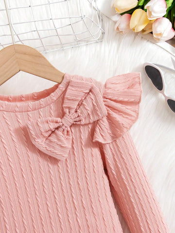 Girls Elegant Minimalist Solid Color Bow Ruffle Hem Dress. Solid Color Long Sleeve Dress, Sweet Ruffle Sleeve Design