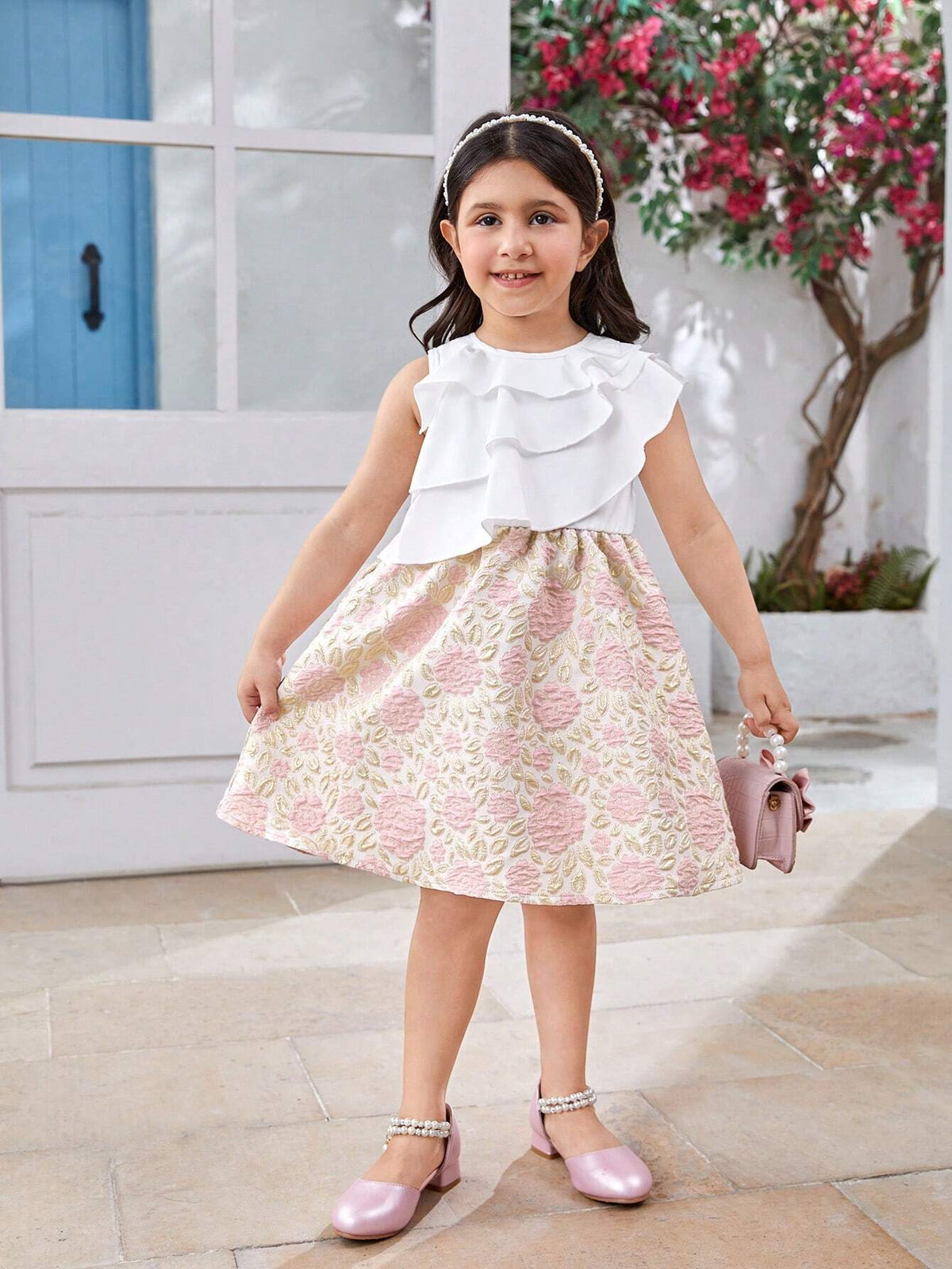 Girls' Elegant Off-Shoulder Sleeveless Dress With Ruffled Jacquard Fabric, Perfect For Formal Occasions
