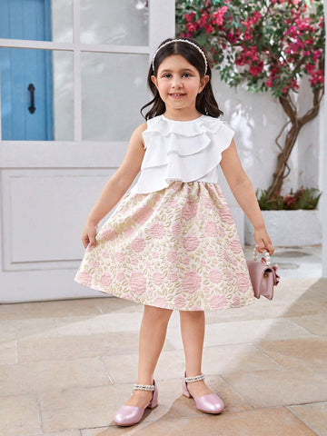 Girls' Elegant Off-Shoulder Sleeveless Dress With Ruffled Jacquard Fabric, Perfect For Formal Occasions