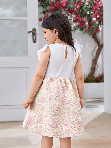 Girls' Elegant Off-Shoulder Sleeveless Dress With Ruffled Jacquard Fabric, Perfect For Formal Occasions