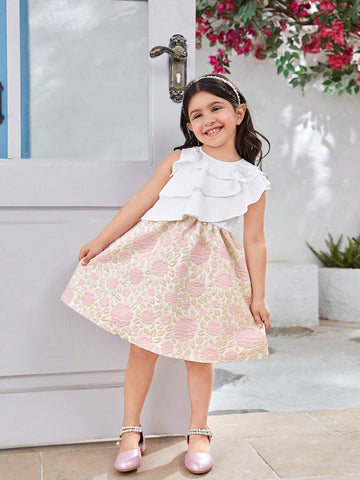 Girls' Elegant Off-Shoulder Sleeveless Dress With Ruffled Jacquard Fabric, Perfect For Formal Occasions