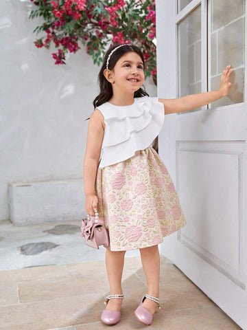 Girls' Elegant Off-Shoulder Sleeveless Dress With Ruffled Jacquard Fabric, Perfect For Formal Occasions