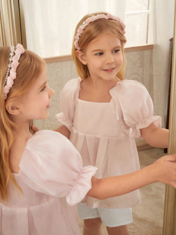 Girls' Elegant Pink Puff Sleeve Top And White Shorts 2pcs/Set For Summer