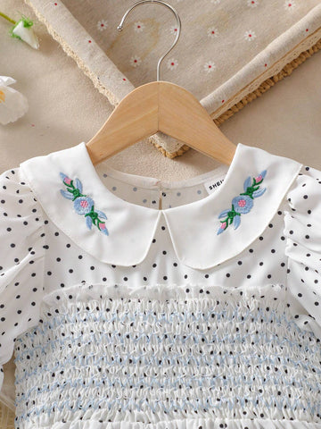 Girls' Elegant Polka Dot Printed A-Line Dress With Doll Collar And Embroidery, Short Sleeve