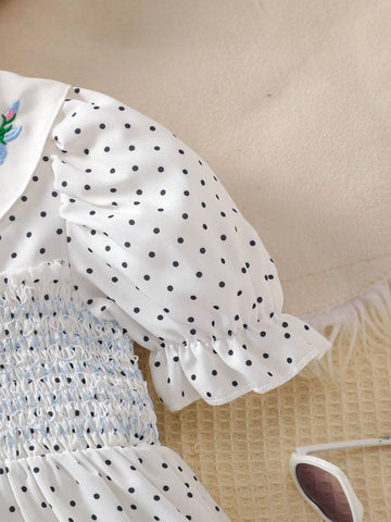 Girls' Elegant Polka Dot Printed A-Line Dress With Doll Collar And Embroidery, Short Sleeve