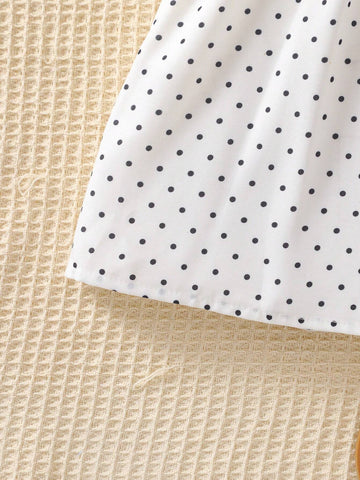 Girls' Elegant Polka Dot Printed A-Line Dress With Doll Collar And Embroidery, Short Sleeve