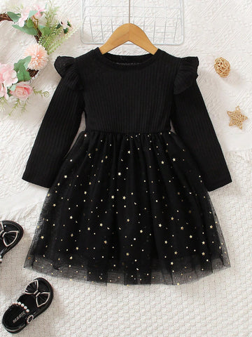 Girls Elegant Princess Style Round Neck Long Sleeve Dress With Sequins, Star Pattern & Mesh Insert