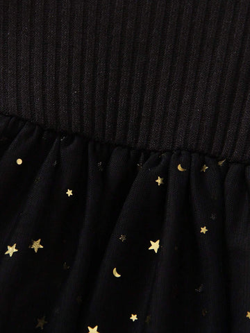 Girls Elegant Princess Style Round Neck Long Sleeve Dress With Sequins, Star Pattern & Mesh Insert
