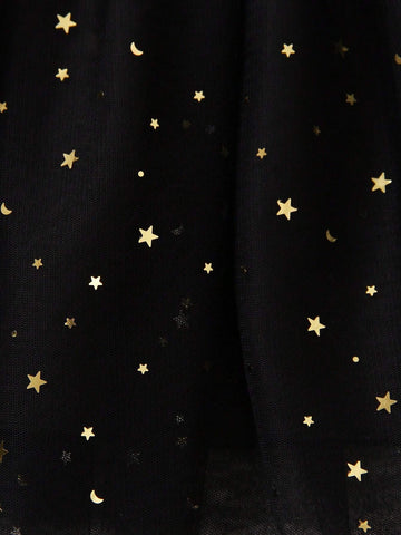 Girls Elegant Princess Style Round Neck Long Sleeve Dress With Sequins, Star Pattern & Mesh Insert