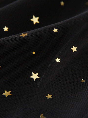 Girls Elegant Princess Style Round Neck Long Sleeve Dress With Sequins, Star Pattern & Mesh Insert